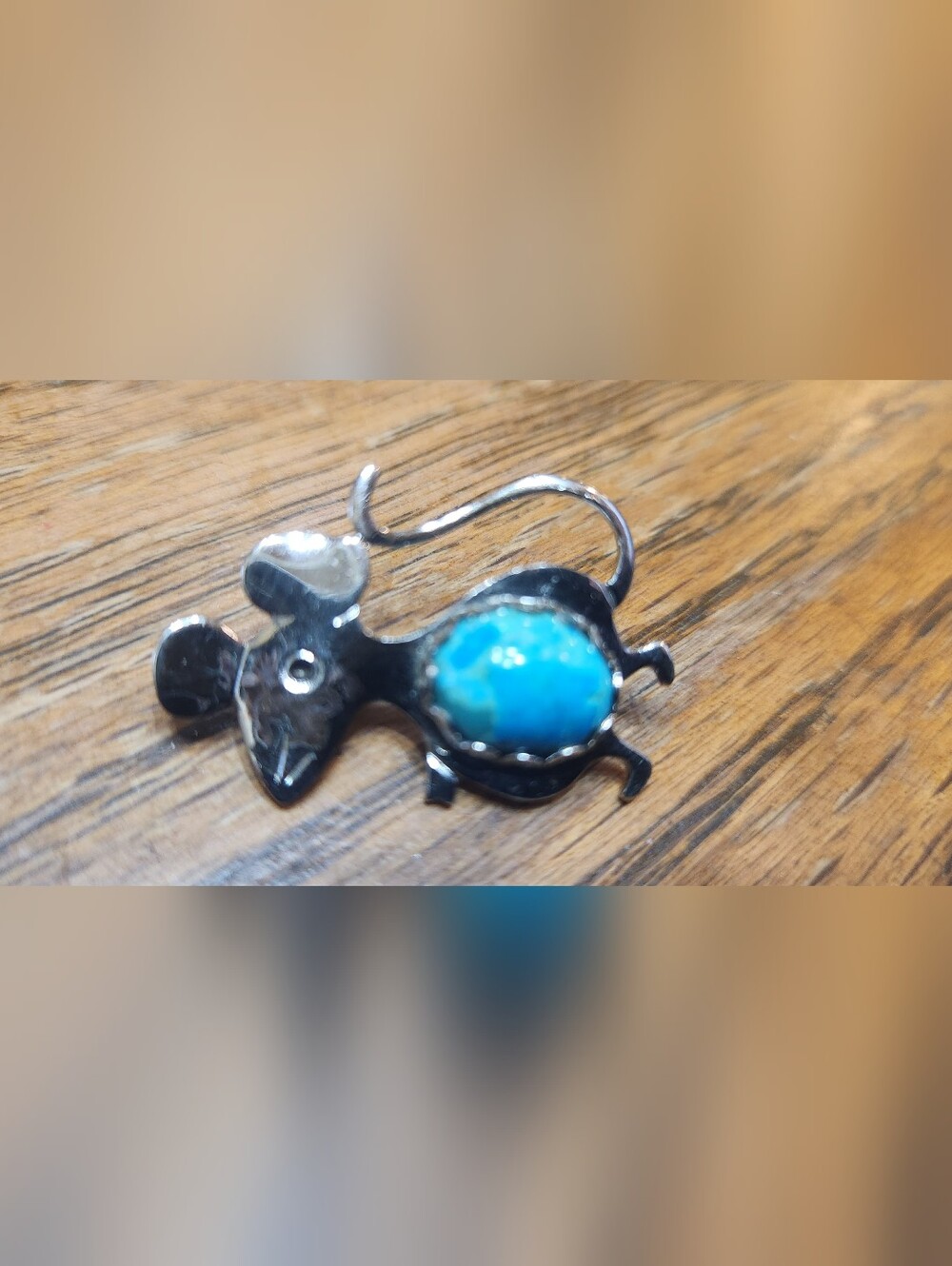 Silver Mouse Brooch Pendant with Turquoise Stone